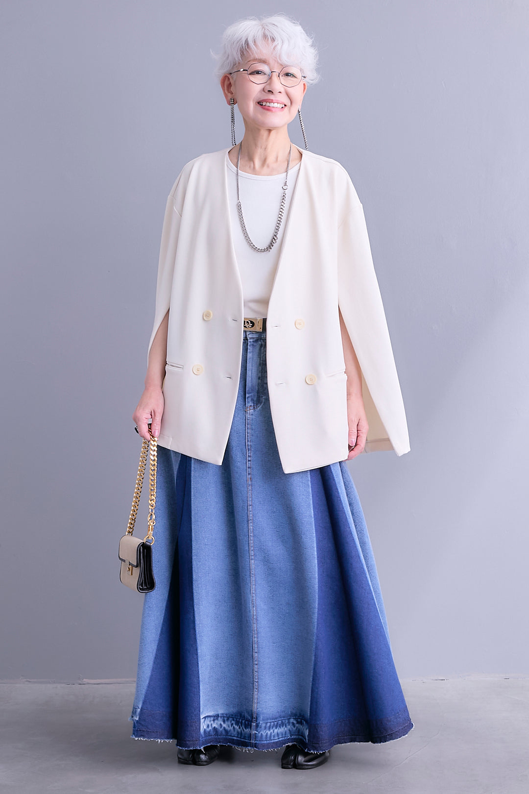 【SET】ZIPスリーブケープライク2WAYジャケット+プリーツタックデニムスカート(2set)