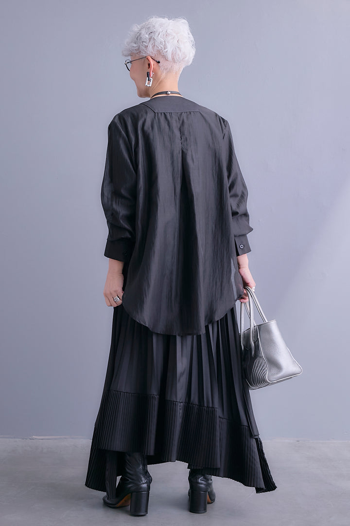 【SET】シアーシャツドッキングジャケット+アシンメトリーロンT+アシンメトリープリーツスカート(3set)