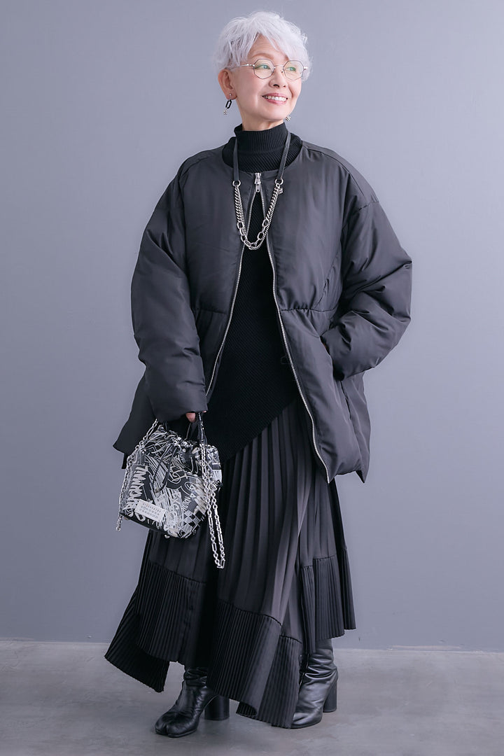 【SET】アシンメトリーオーバーニット+ファイバーダウンシェルジャケット+アシンメトリープリーツスカート(3set)