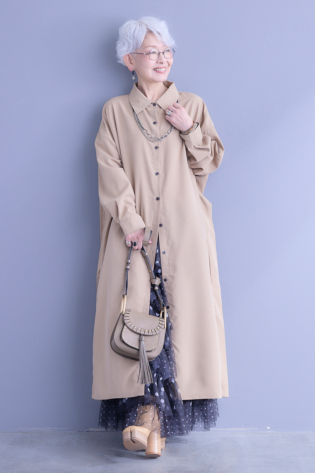 【SET】バックワイドプリーツシャツワンピース+ドットレイヤードチュールスカート(2set)