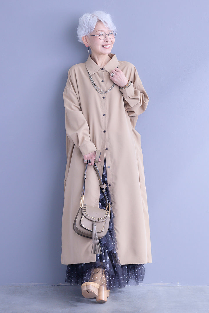 【SET】バックワイドプリーツシャツワンピース+ドットレイヤードチュールスカート(2set)