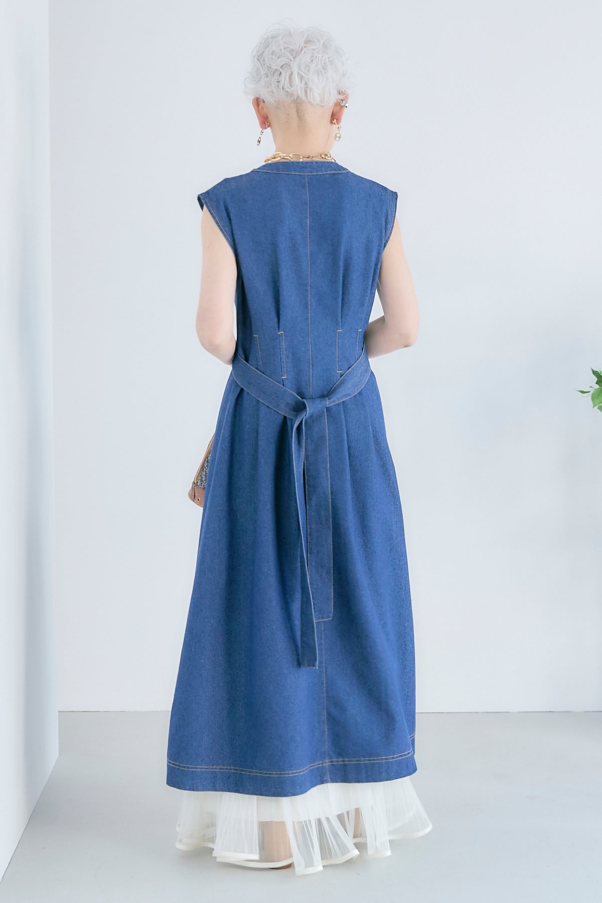 SET】バックタイノースリーブデニムワンピース+2WAYラメサテンプリーツ