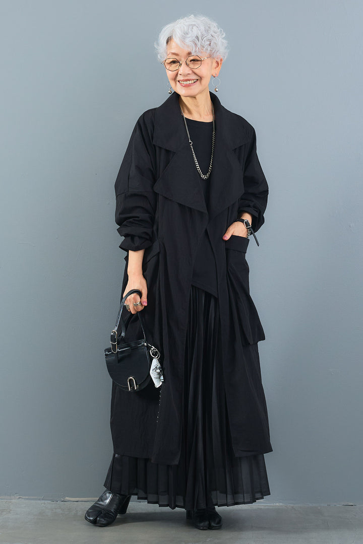 【SET】アシンメトリーロンT+ワッシャートレンチライクライトコート+レザーライクプリーツスカート(3set)