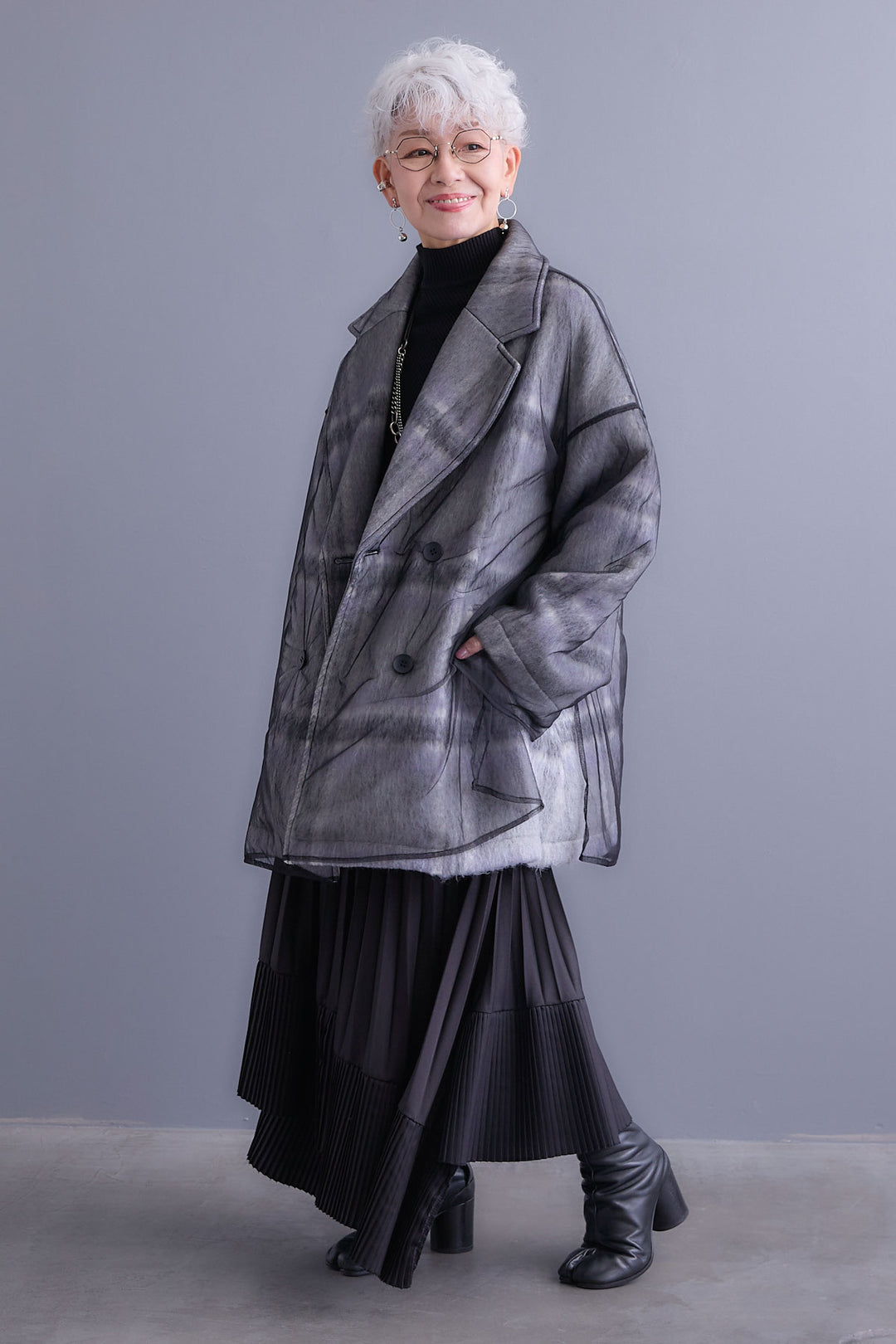 【SET】アシンメトリーオーバーニット+チュールレイヤードシャギーチェックコート+アシンメトリープリーツスカート(3set)