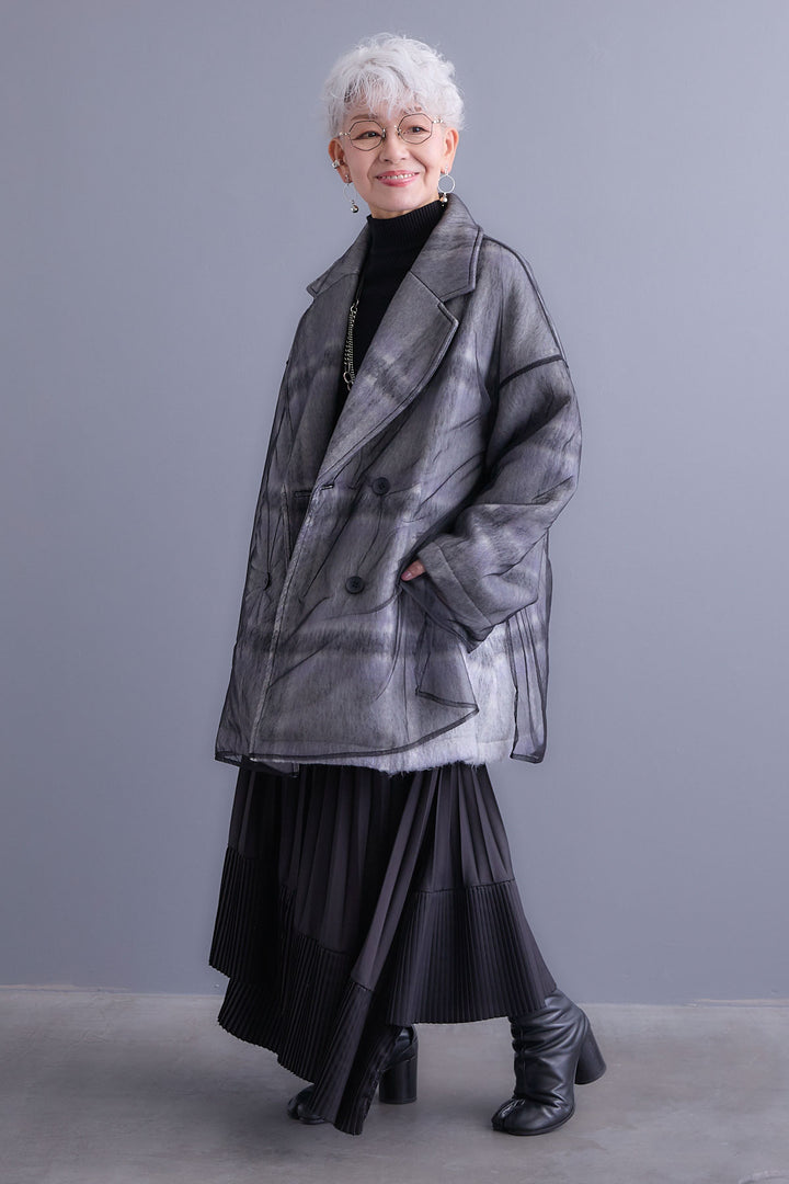 【SET】アシンメトリーオーバーニット+チュールレイヤードシャギーチェックコート+アシンメトリープリーツスカート(3set)