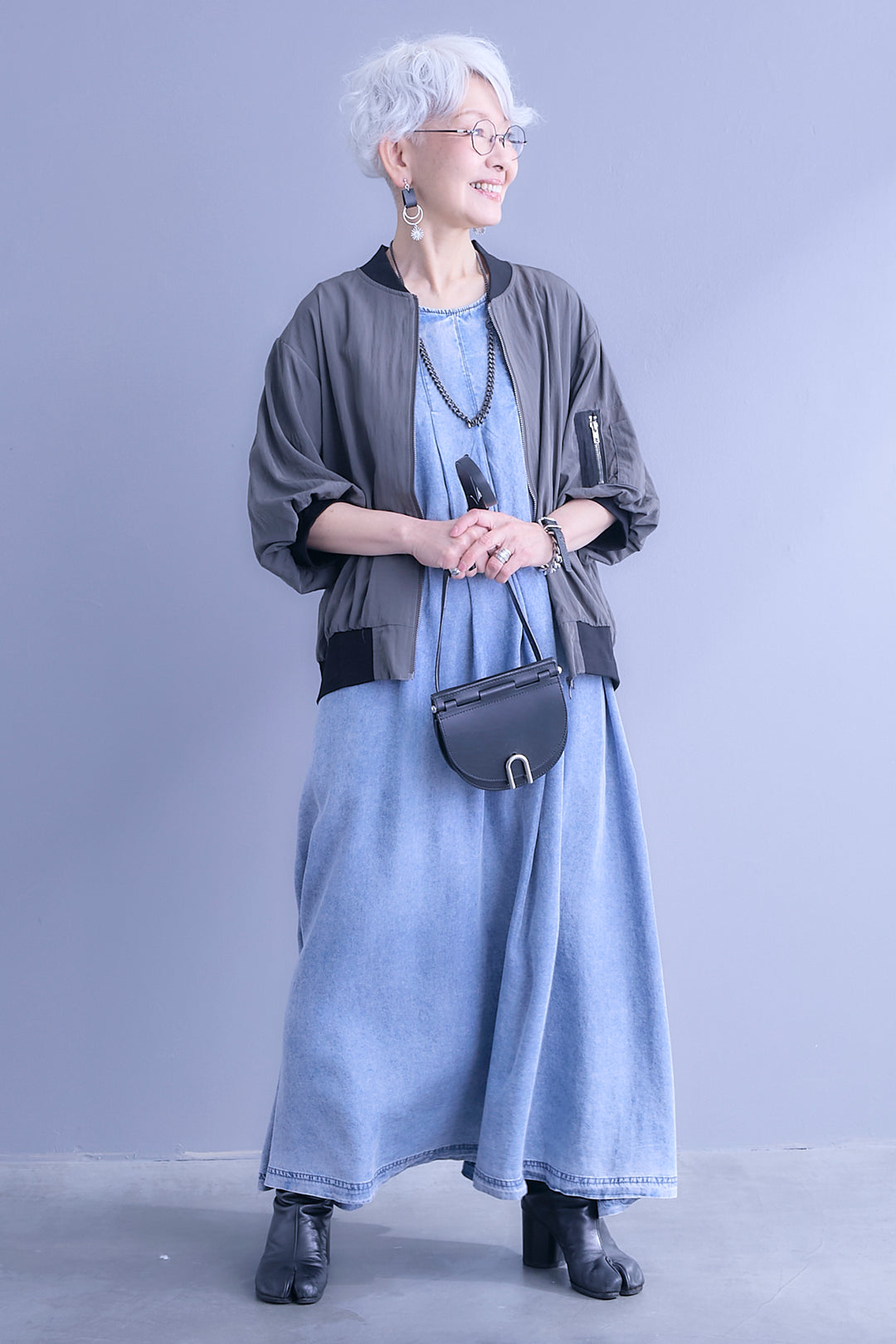 【SET】バルーンハーフスリーブMA-1ジャケット+パウダーシルクヴィンテージデニムワンピース(2set)