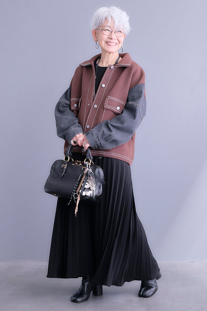 【SET】ステッチニット×デニムスリーブジャケット+プリーツストレッチロングワンピース(2set)