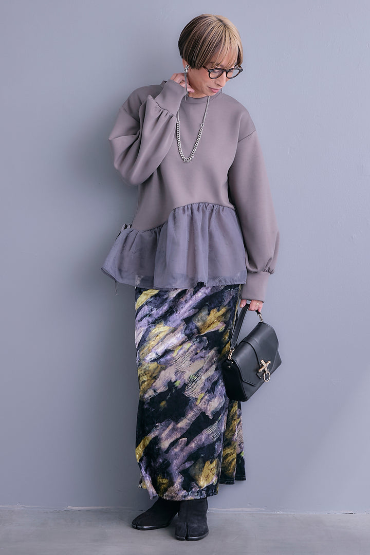 【SET】アシメペプラムオーガンジートップス+ベロアニュアンスアートスカート(2set)