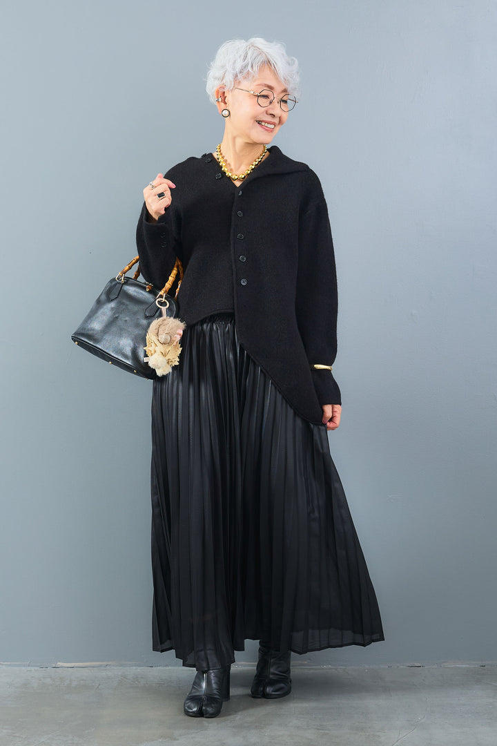 【SET】アシメハイネックボタンニット+レザーライクプリーツスカート(2set)