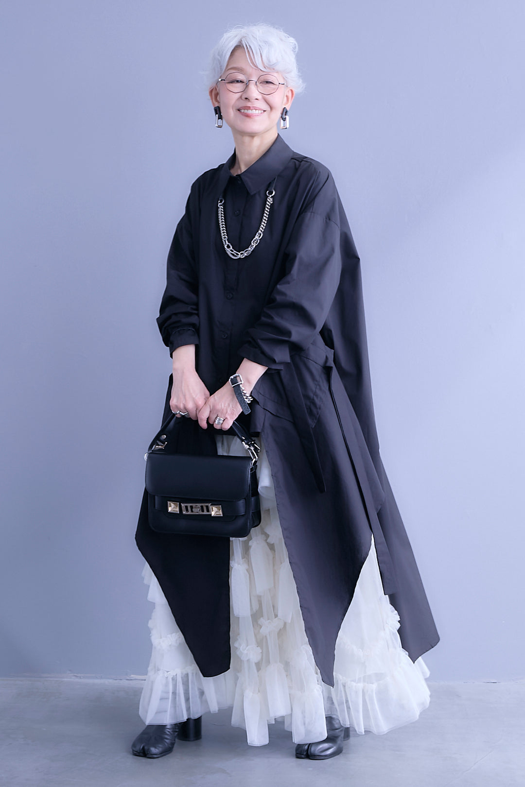 【SET】ロングテールアシメカットデザインシャツ+ペタルティアードチュールスカート(2set)