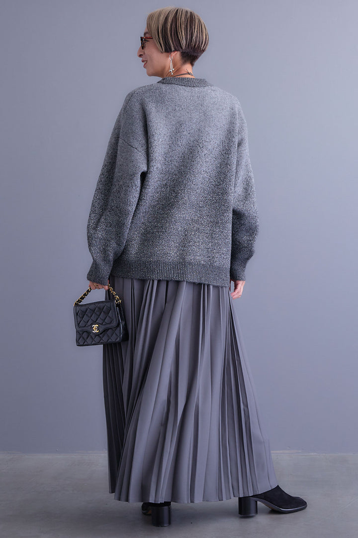 【SET】グラデーションラメクルーネックニット+ダブルプリーツロングスカート(2set)