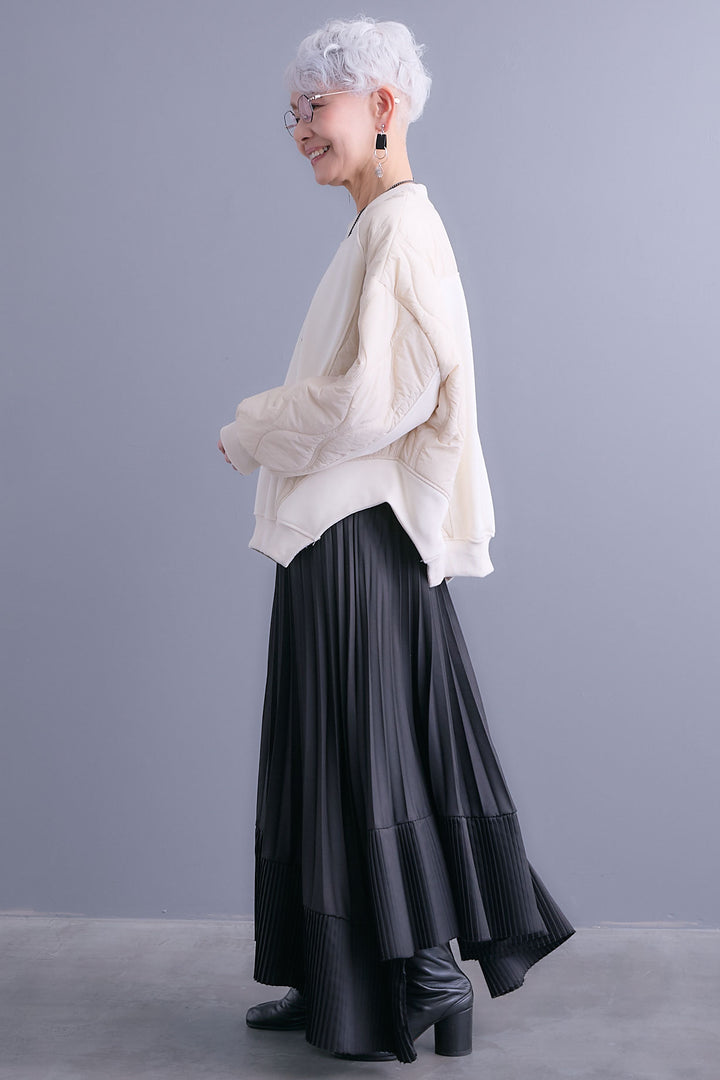 【SET】キルティングドッキングデザインプルオーバー+アシンメトリープリーツスカート(2set)