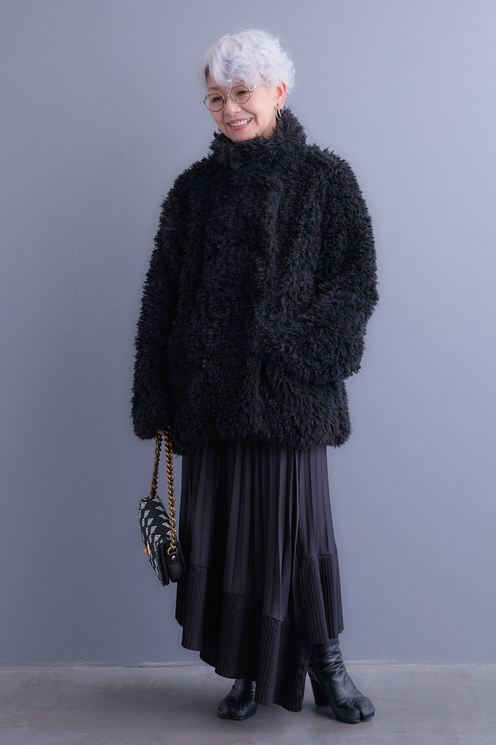 【SET】アシンメトリーロンT+プードルボア2WAYカラーコート+アシンメトリープリーツスカート(3set)