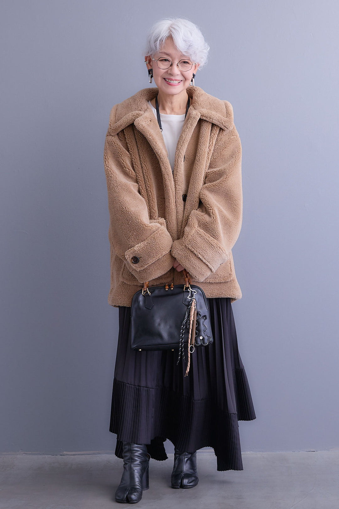 【SET】テディボアフラットカラーコート+アシンメトリープリーツスカート(2set)