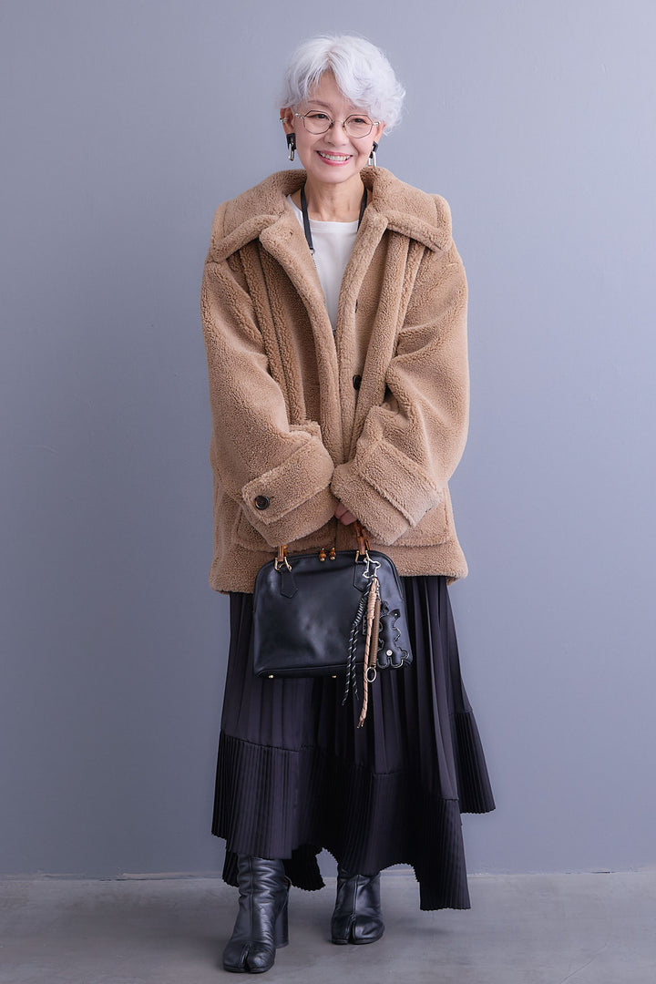 【SET】テディボアフラットカラーコート+アシンメトリープリーツスカート(2set)