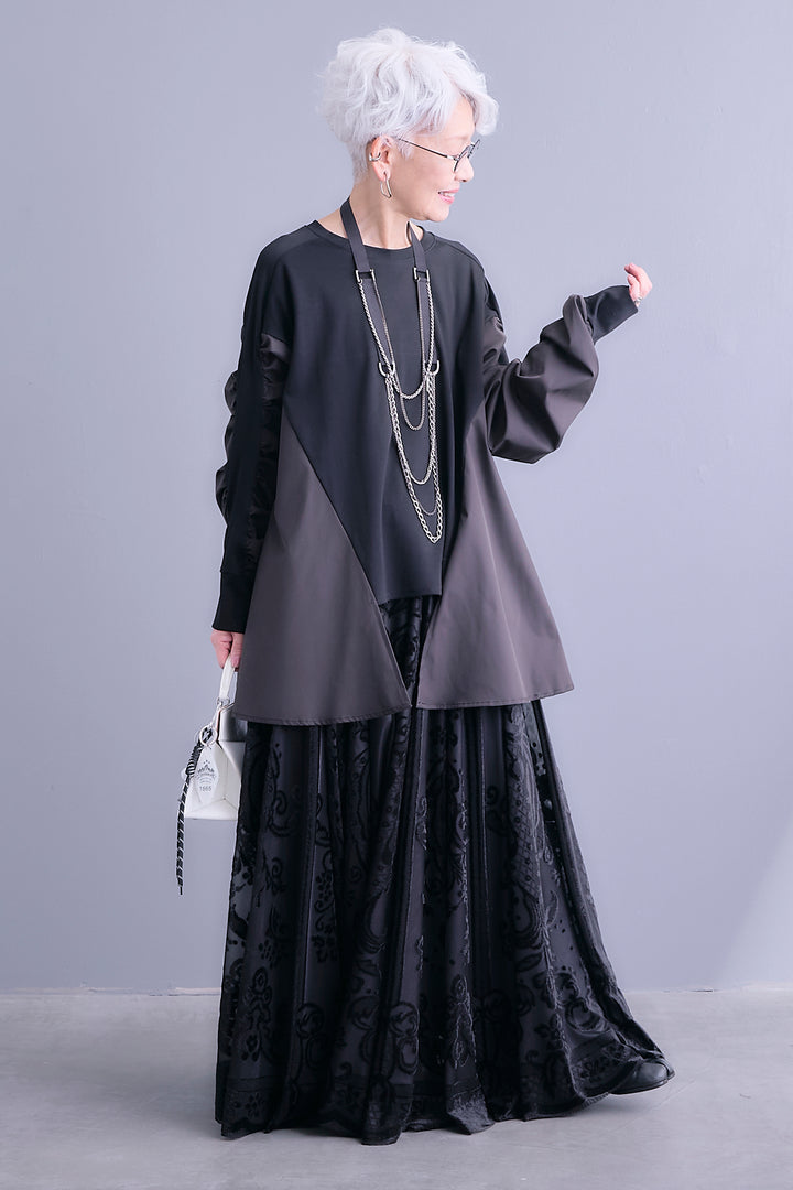 【SET】シャーリングスリーブロングテールプルオーバー+フロッキージャガードチュールロングスカート(2set)