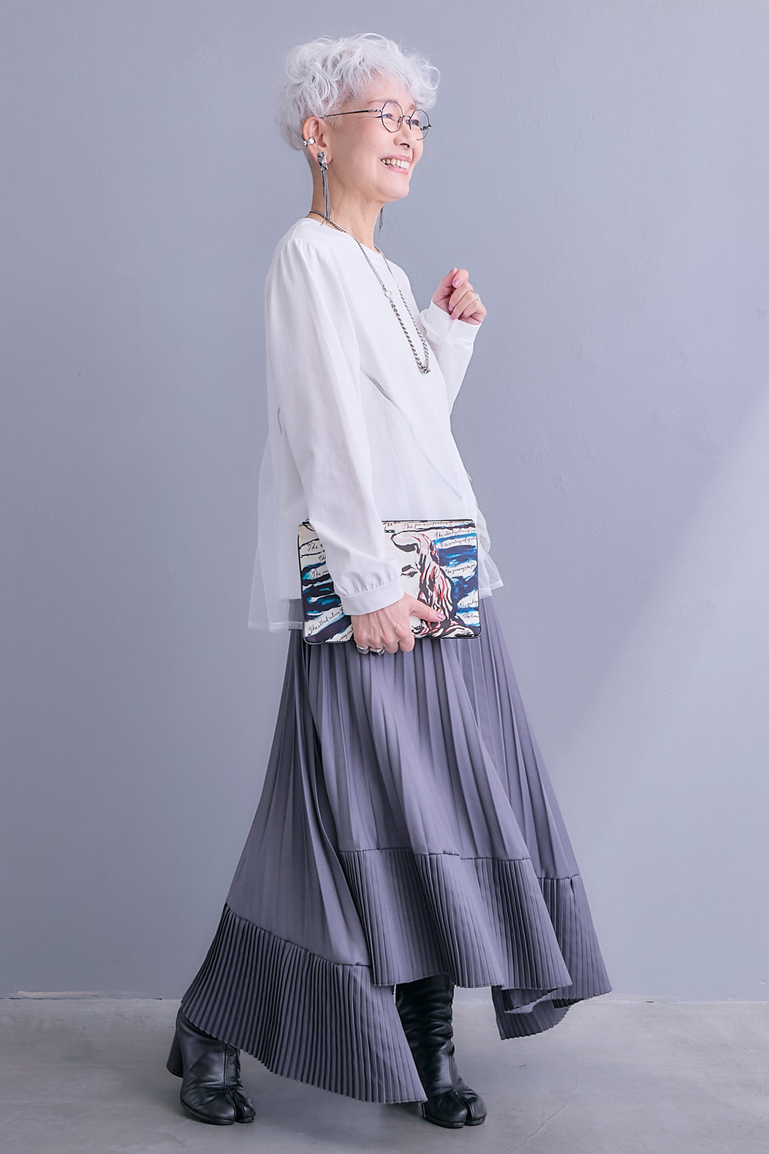 【SET】チュールギャザーアシメポケットプルオーバー+アシンメトリープリーツスカート(2set)