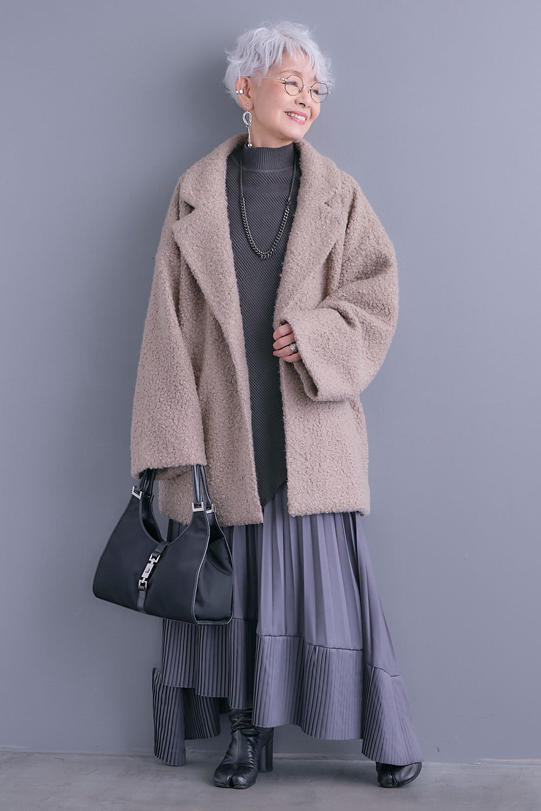 【SET】アシンメトリーオーバーニット+ブークレーテーラードコート+アシンメトリープリーツスカート(3set)