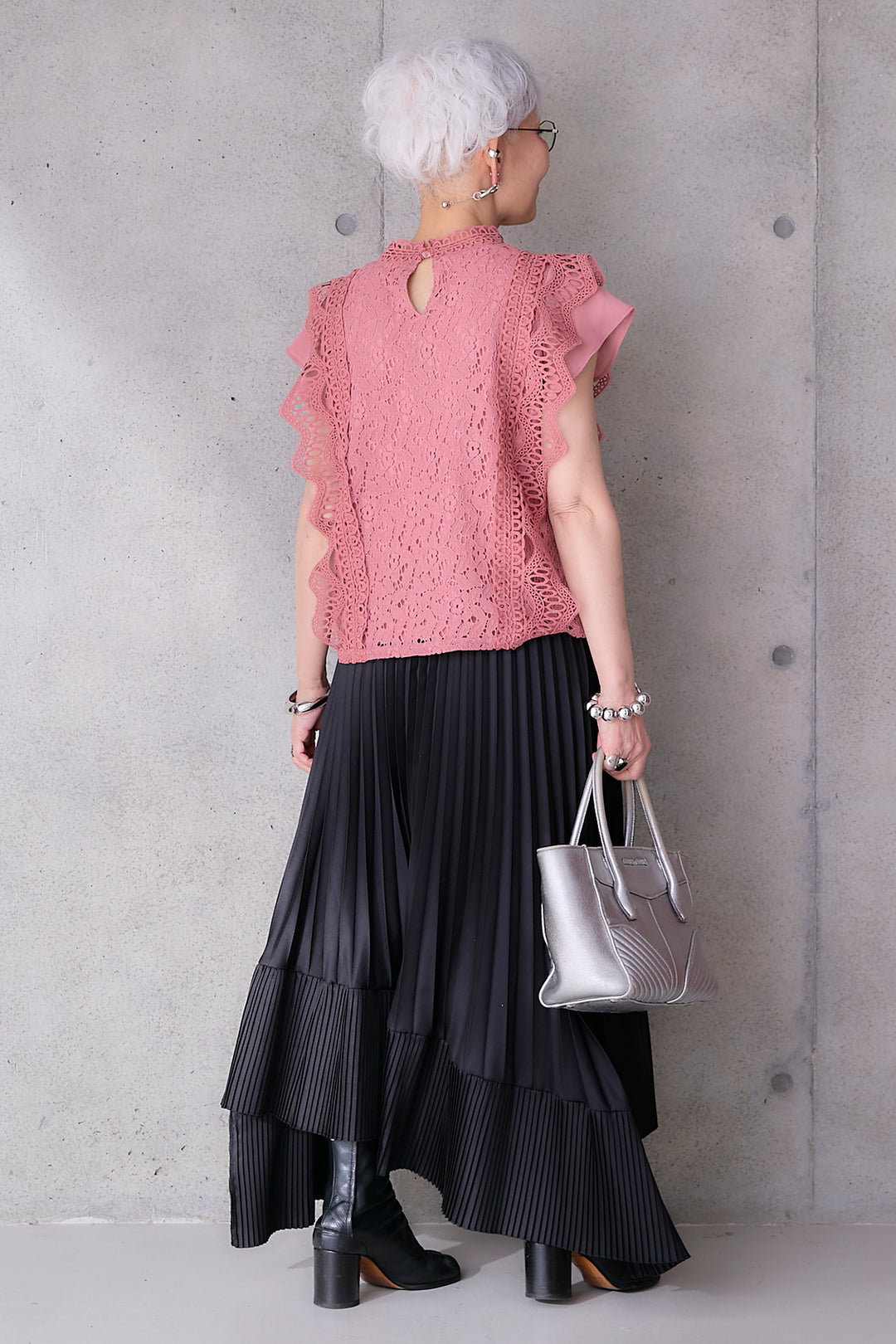 【SET】接触冷感スタンドカラーフレンチスリーブレースブラウス+アシンメトリープリーツスカート(2set)