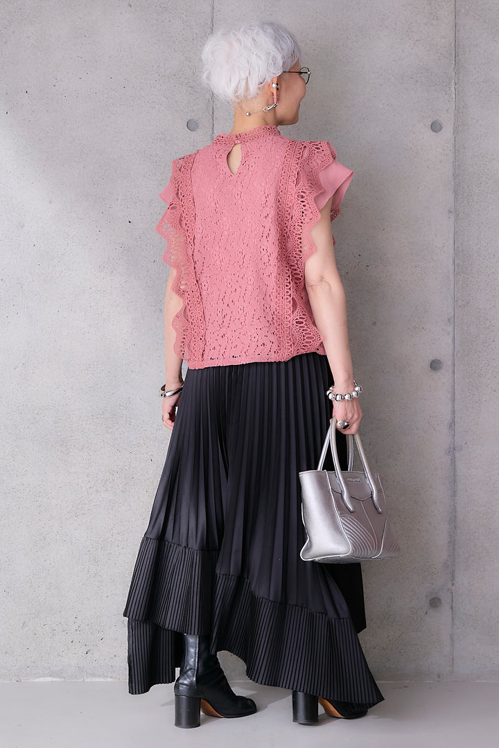 【SET】接触冷感スタンドカラーフレンチスリーブレースブラウス+アシンメトリープリーツスカート(2set)