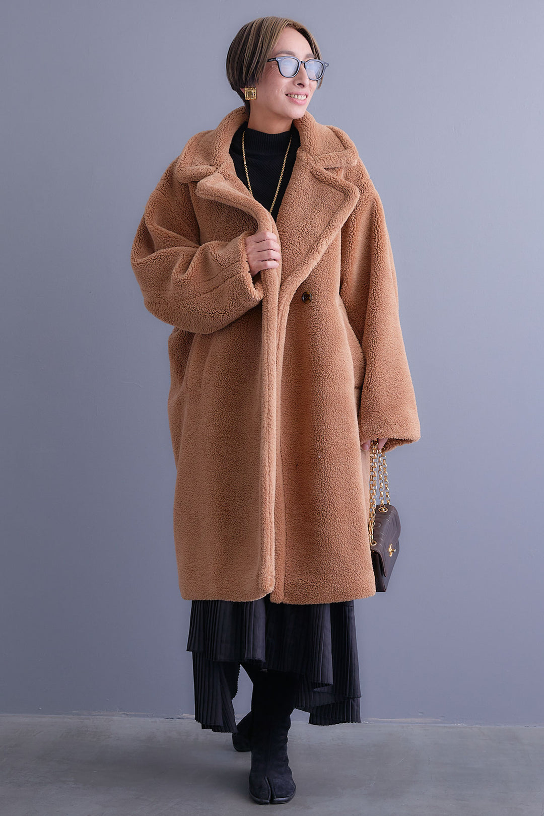 【SET】アシンメトリーオーバーニット+テディボアロングコート+アシンメトリープリーツスカート(3set)