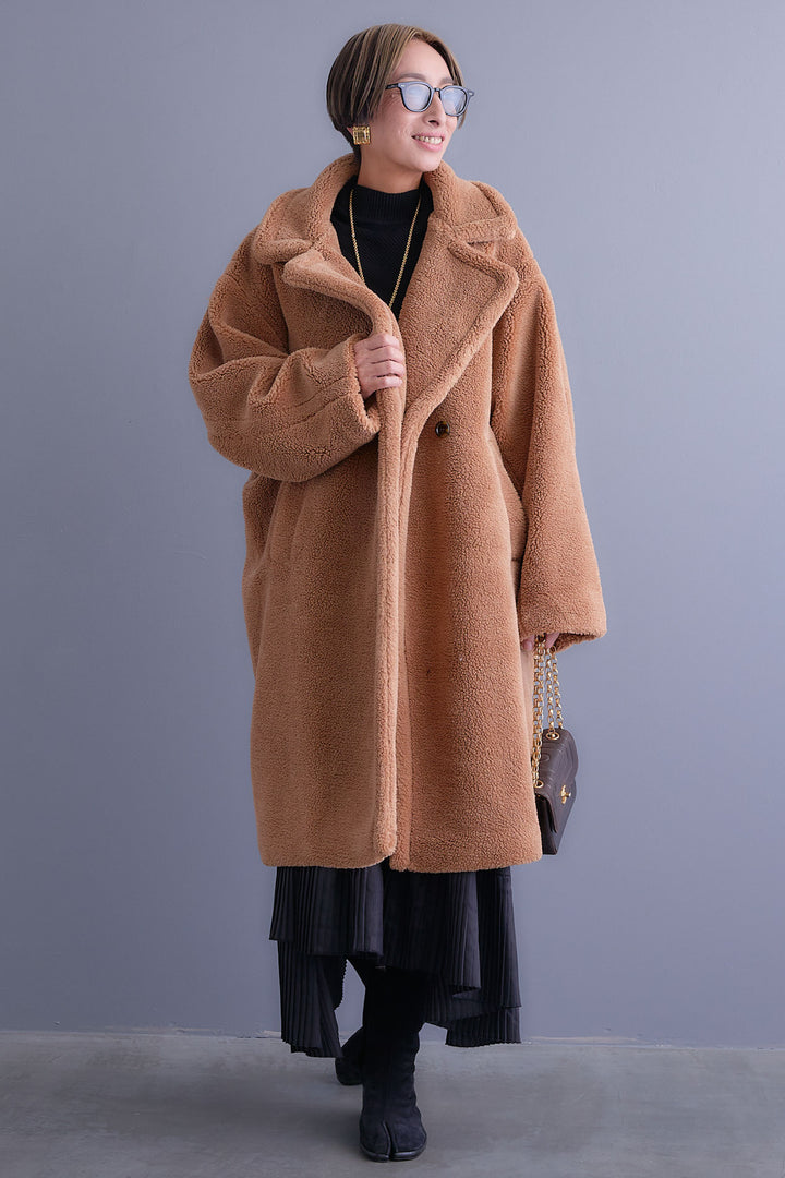 【SET】アシンメトリーオーバーニット+テディボアロングコート+アシンメトリープリーツスカート(3set)