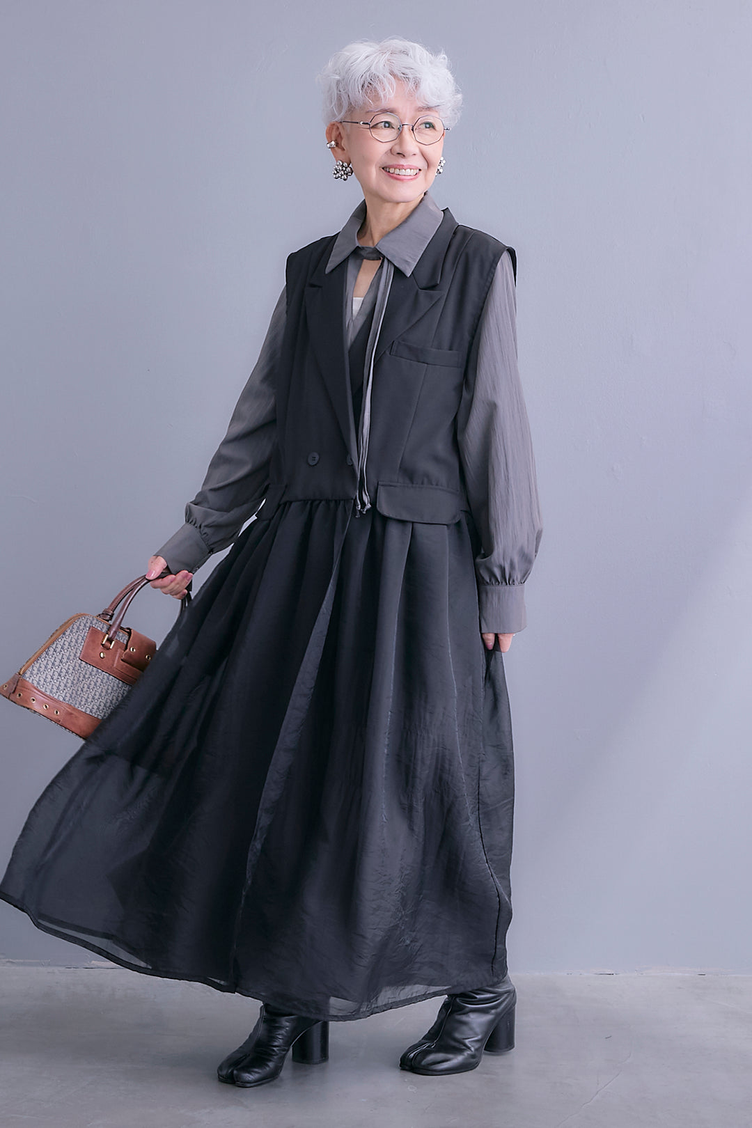 【SET】シアーオーガンジージャケットベスト+コードキーネックシャーリングデザインワンピース(2set)