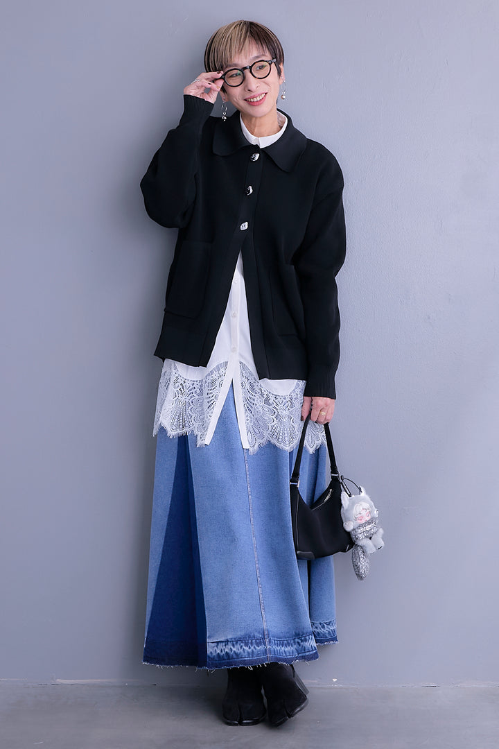【SET】メタルボタンスリットニットカーデ+ヘムレースロングシャツ+プリーツタックデニムスカート(3set)
