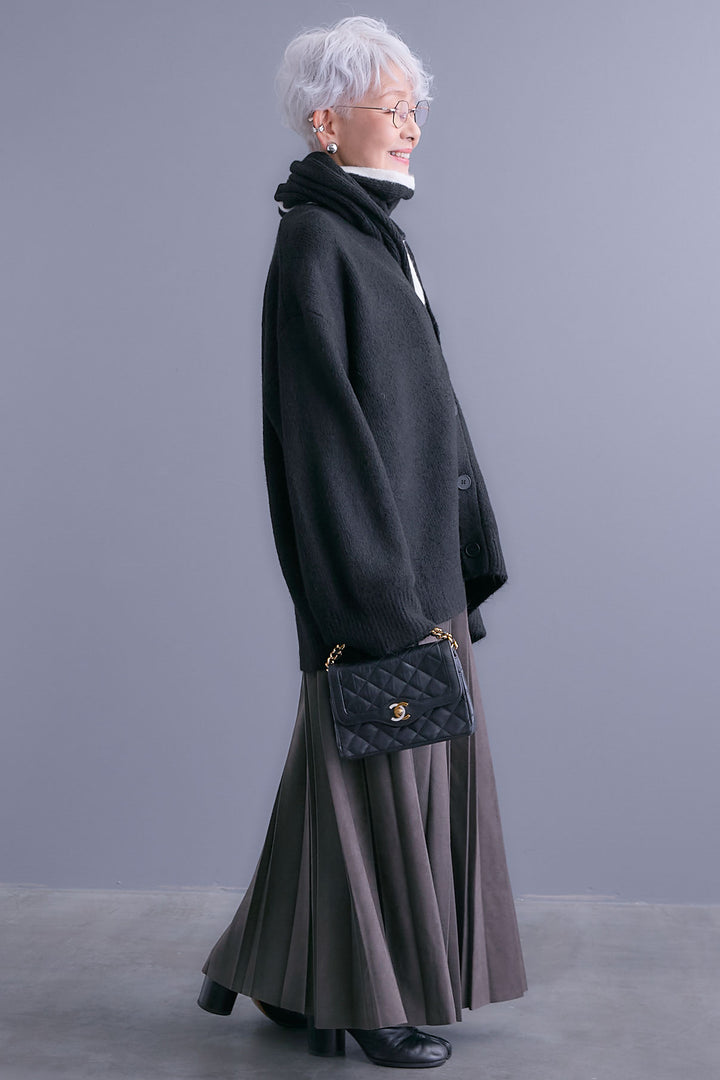 【SET】Vネックニットカーディガン&ストールSET+スエードロングプリーツスカート(2set)