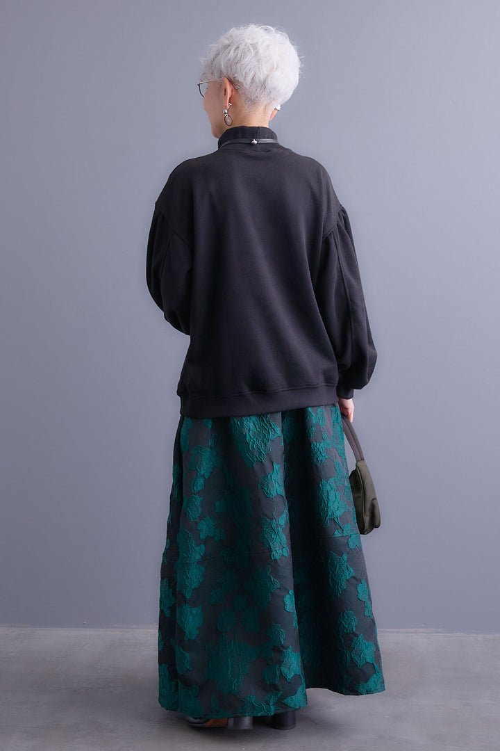 【SET】ボリュームスリーブモックネックプルオーバー+ジャガードフラワースカート(2set)