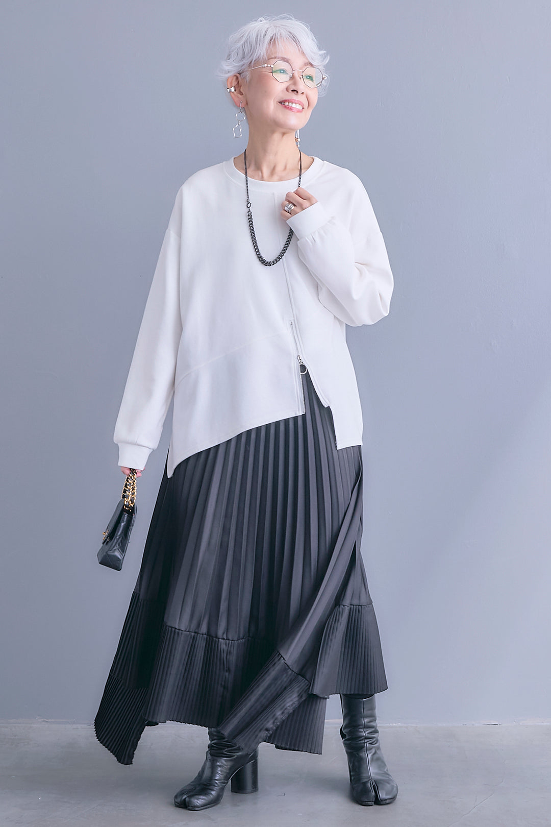 【SET】アシメリングZIPデザインプルオーバー+アシンメトリープリーツスカート(2set)