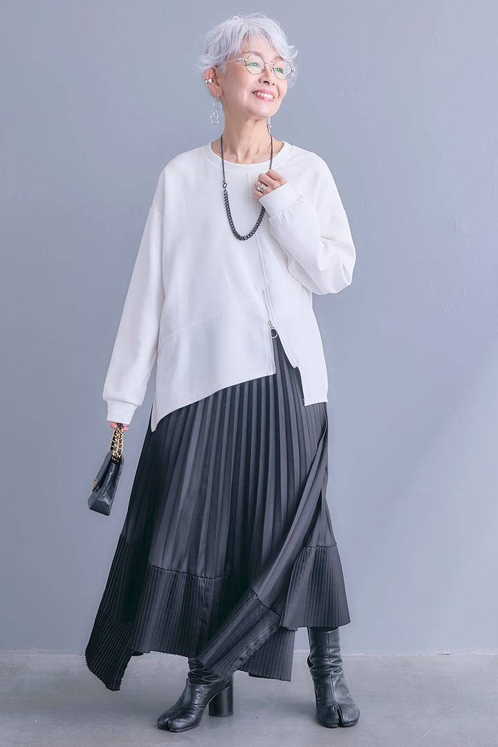 【SET】アシメリングZIPデザインプルオーバー+アシンメトリープリーツスカート(2set)