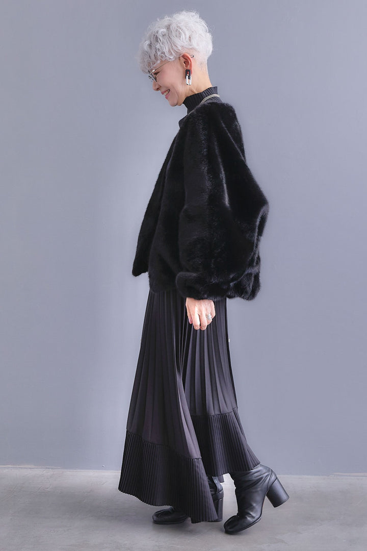 【SET】ボリュームスリーブハイネックリラクシーニット+ノーカラーラウンドシルエットファーコート+アシンメトリープリーツスカート(3set)