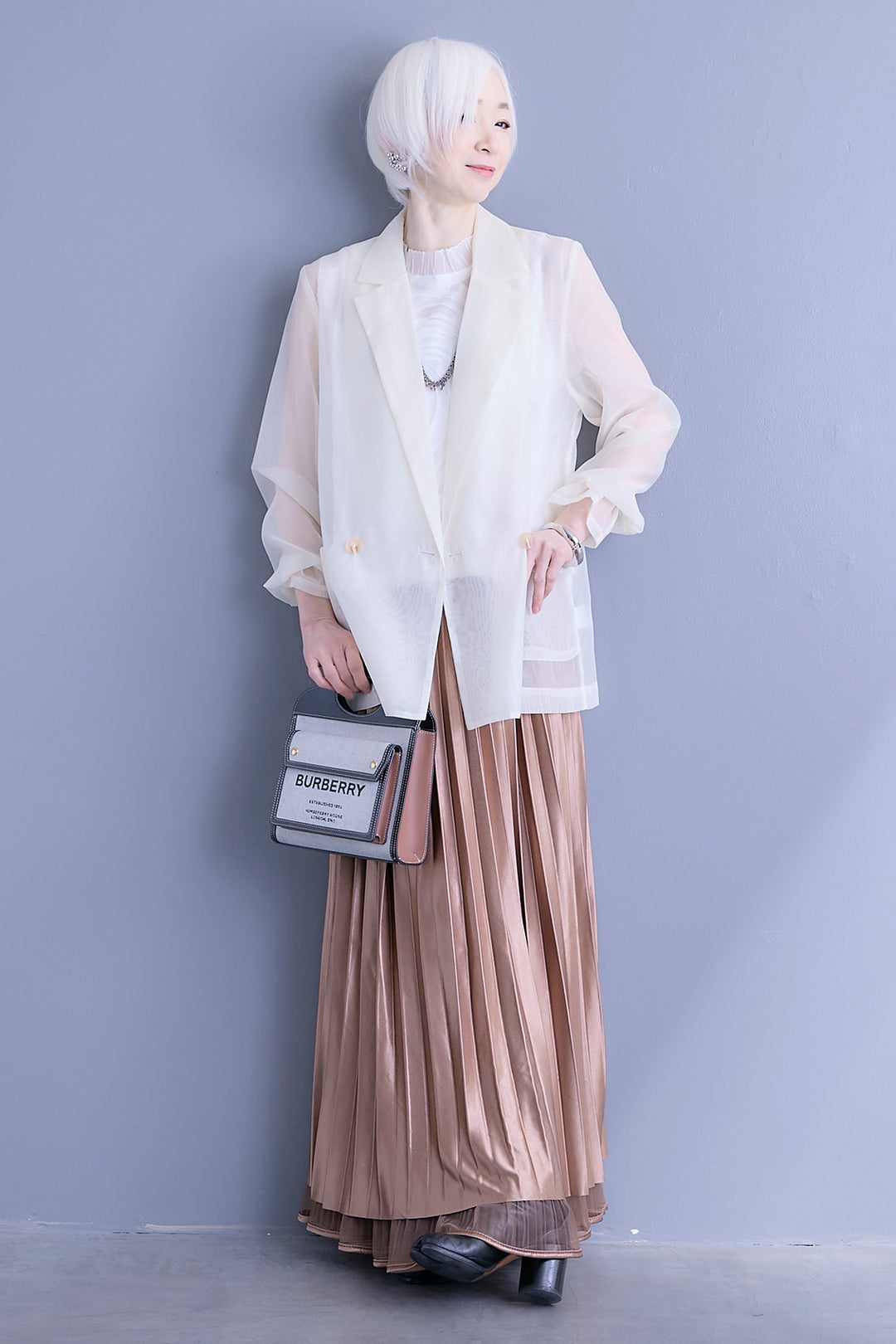 【SET】シアーポプリンダブルテーラードジャケット+ウェーブモチーフスタンドネックブラウス+2WAYラメサテンプリーツ×シアーティアードチュールスカート(3set)