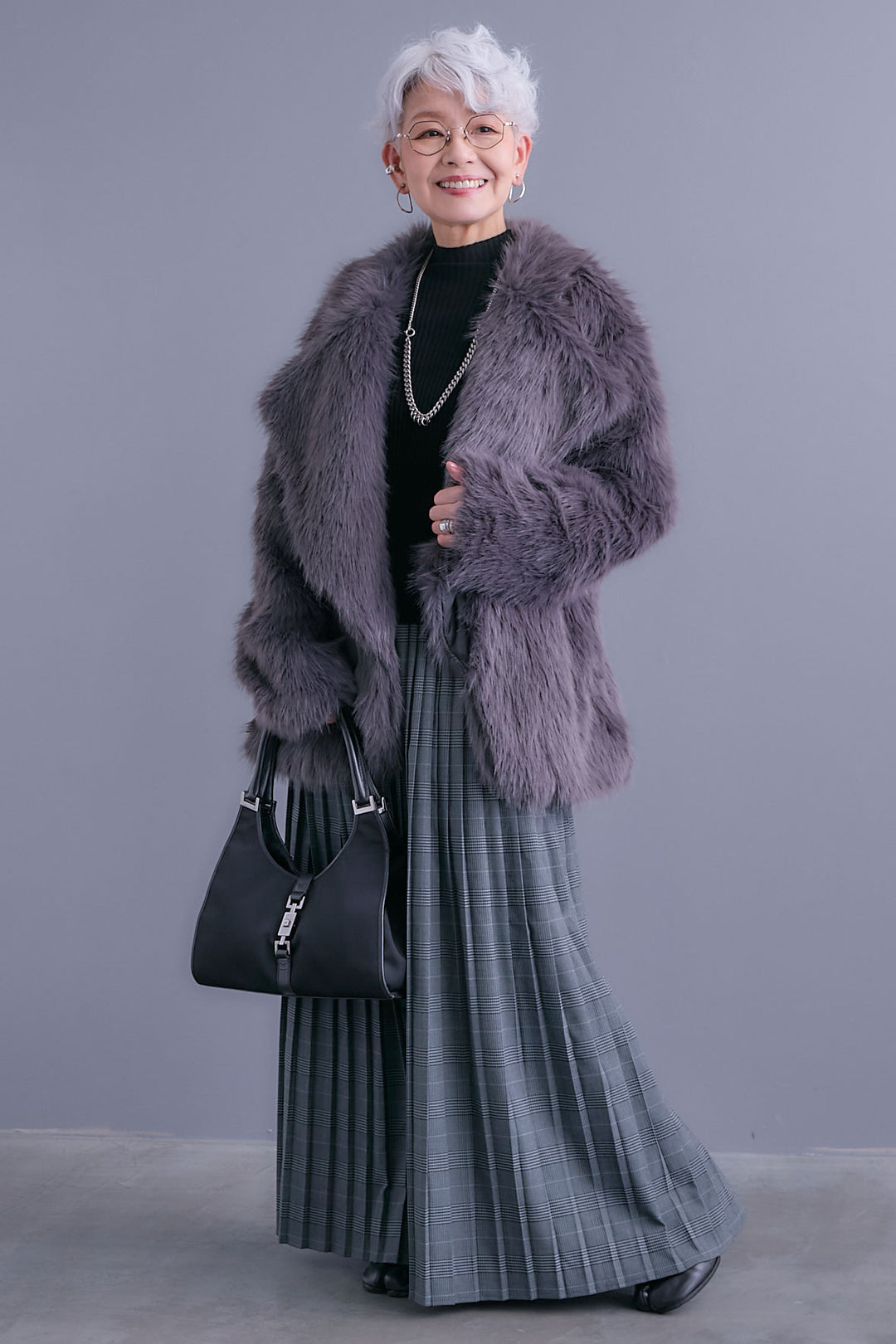 【SET】テーラードカラーファーコート+グレンチェックプリーツスカート(2set)