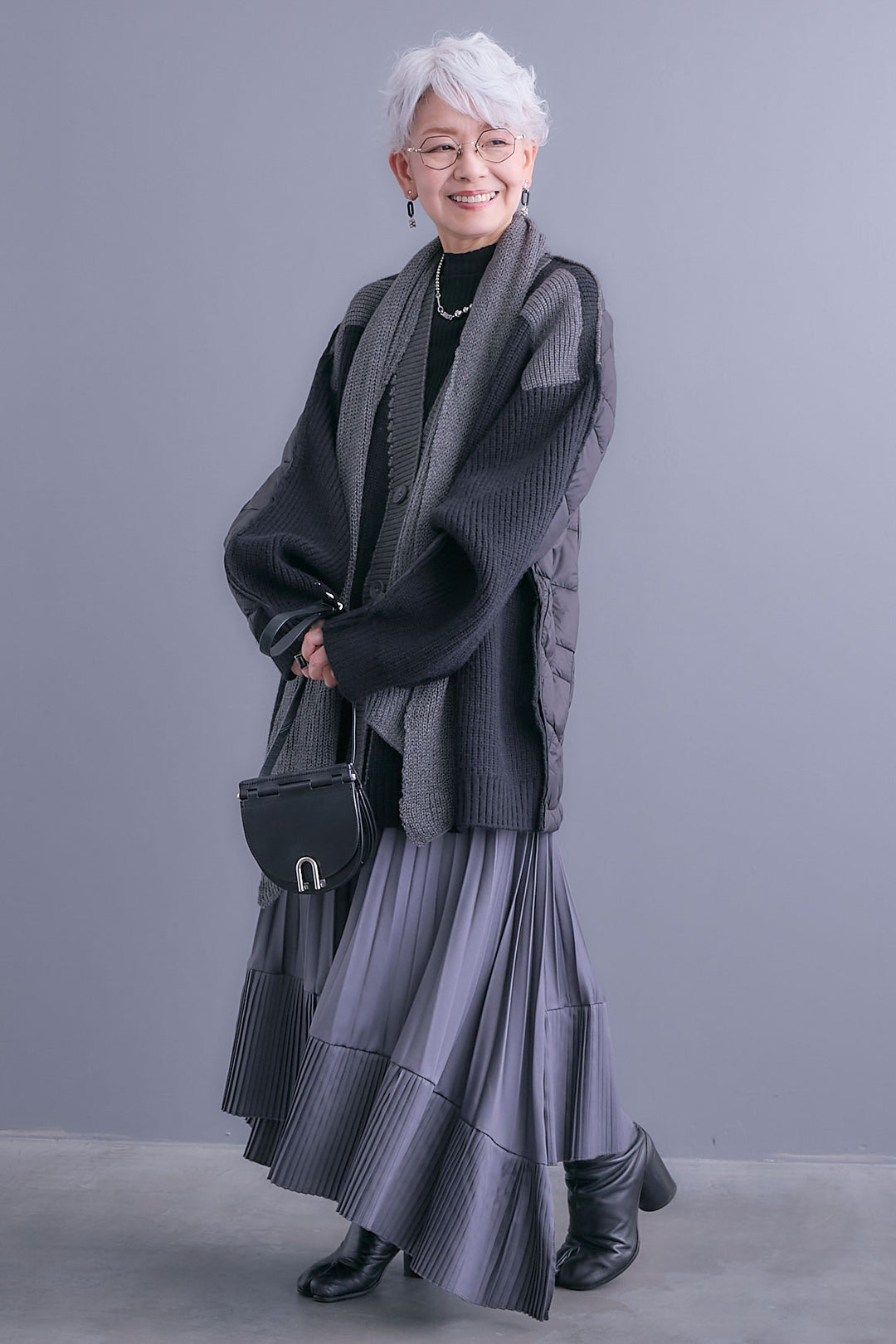 【SET】バックキルティングローゲージニットカーディガン【ストール付き】+アシンメトリープリーツスカート(2set)