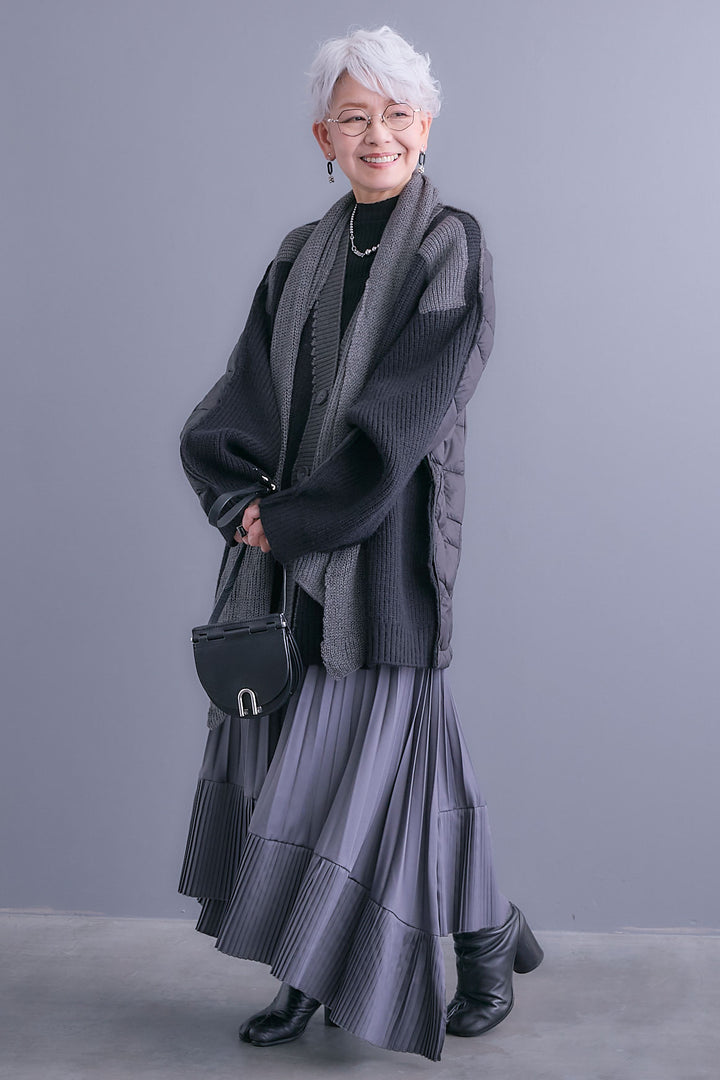 【SET】バックキルティングローゲージニットカーディガン【ストール付き】+アシンメトリープリーツスカート(2set)