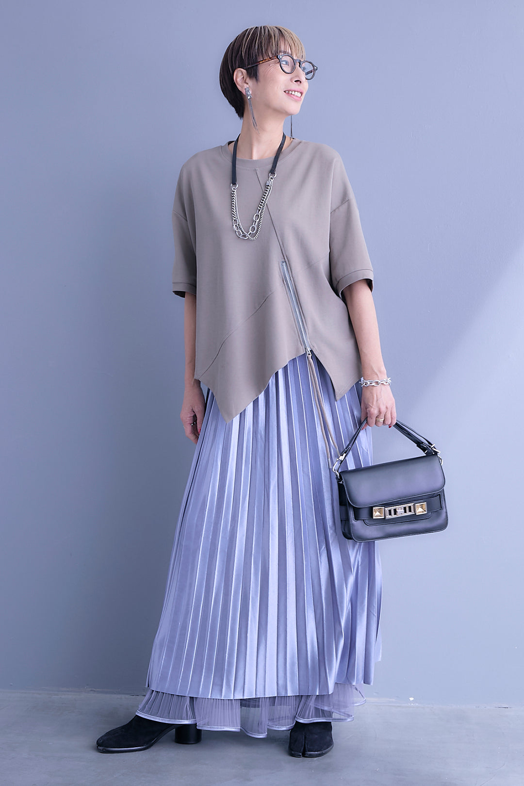 【SET】アシメZIPデザインハーフスリーブトップス+2WAYラメサテンプリーツ×シアーティアードチュールスカート(2set)