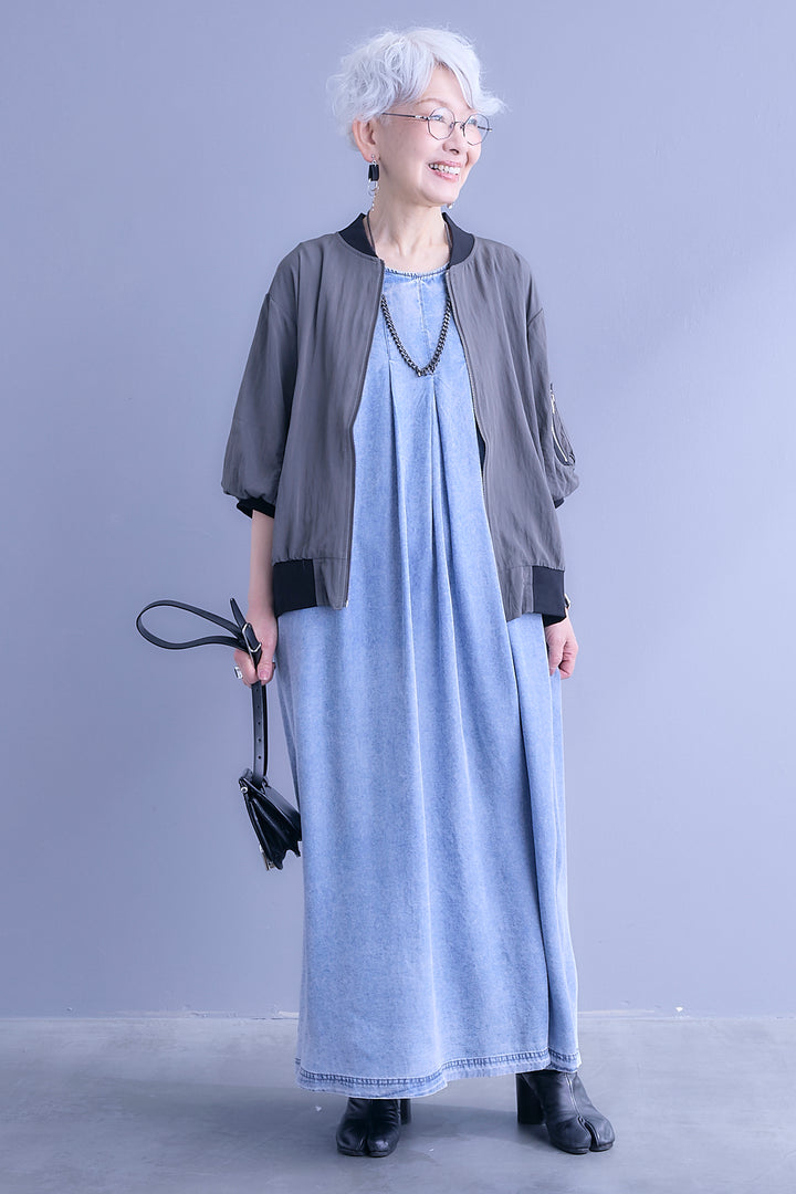 【SET】バルーンハーフスリーブMA-1ジャケット+パウダーシルクヴィンテージデニムワンピース(2set)