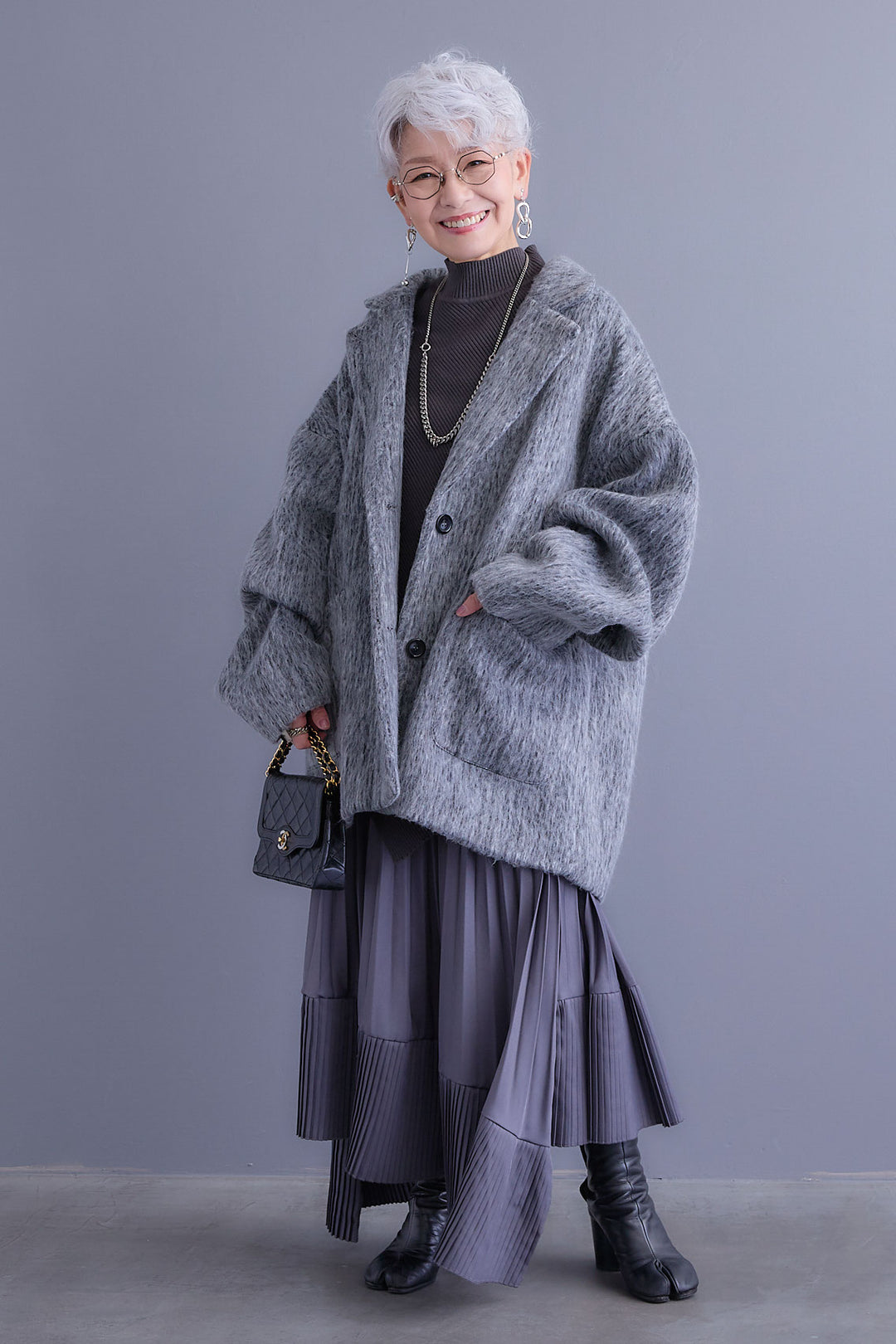 【SET】アシンメトリーオーバーニット+シャギーテーラードコート+アシンメトリープリーツスカート(3set)