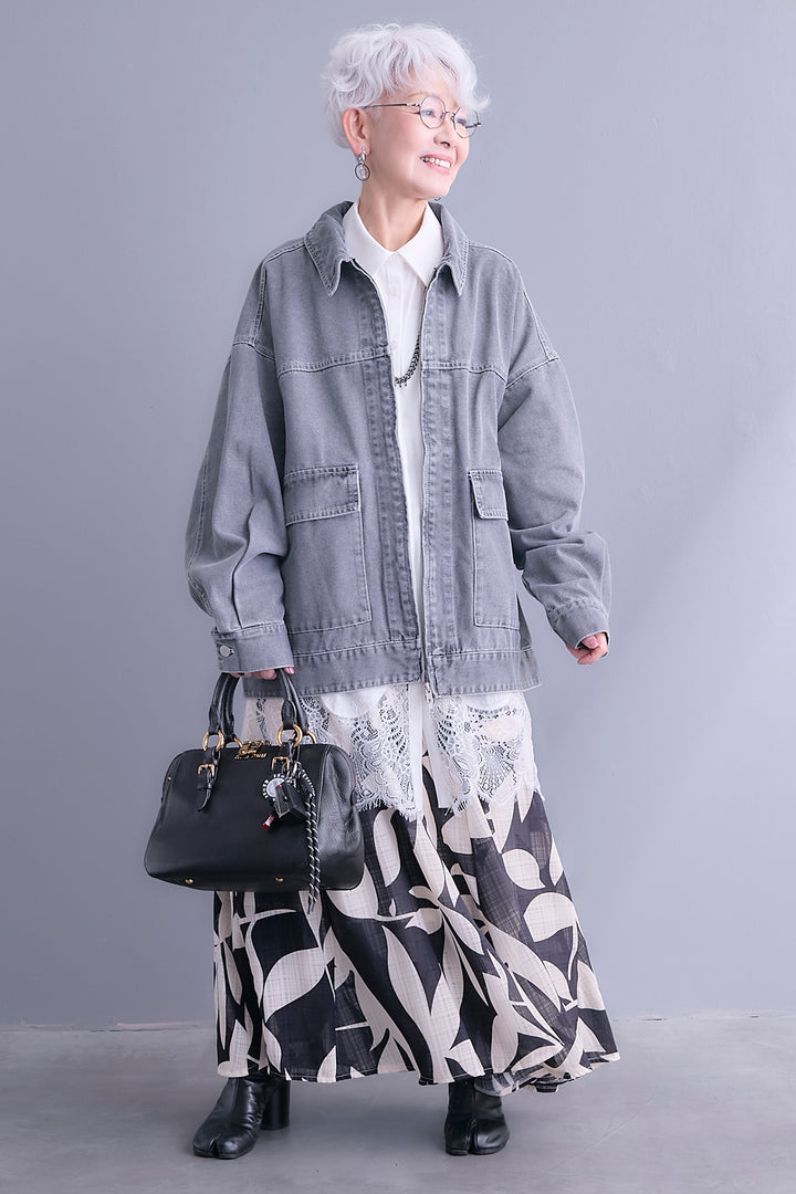【SET】ジップアップデニムブルゾン+ヘムレースロングシャツ+リーフアートフレアスカート(3set)