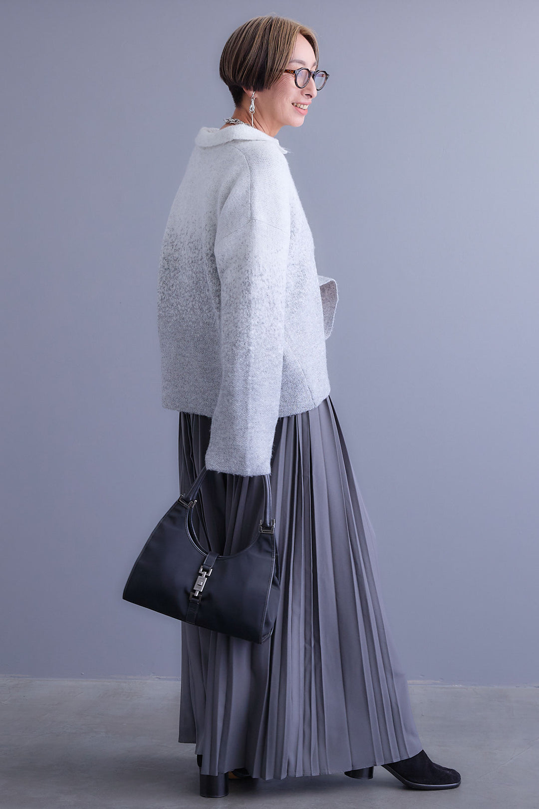 【SET】グラデーションラメキーネックニット+ダブルプリーツロングスカート(2set)