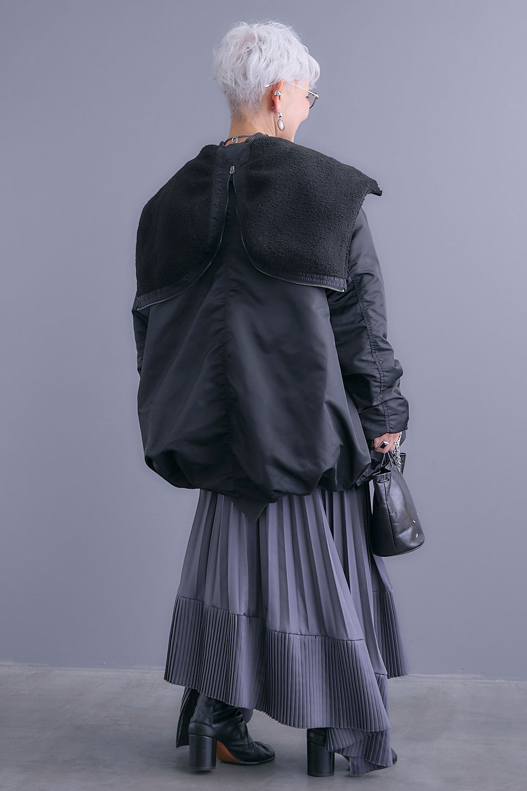 【SET】アシンメトリーオーバーニット+2WAYオーバーカラーN-3Bジャケット+アシンメトリープリーツスカート(3set)