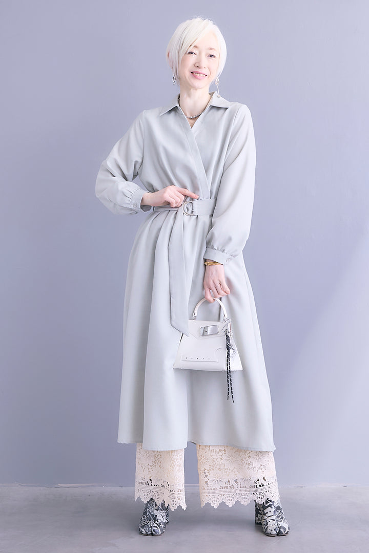 【SET】スキッパーカシュクールシャツワンピース+ケミカルレースパンツ(2set)