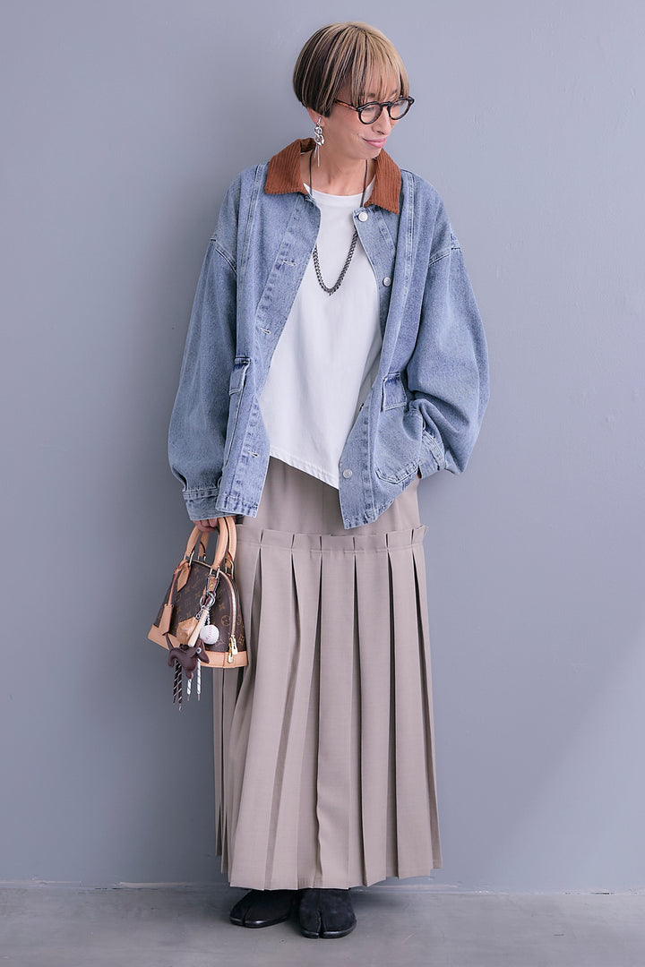 【SET】コーデュロイカラー10ozデニムジャケット+アシンメトリーロンT+ボックスプリーツロングスカート(3set)