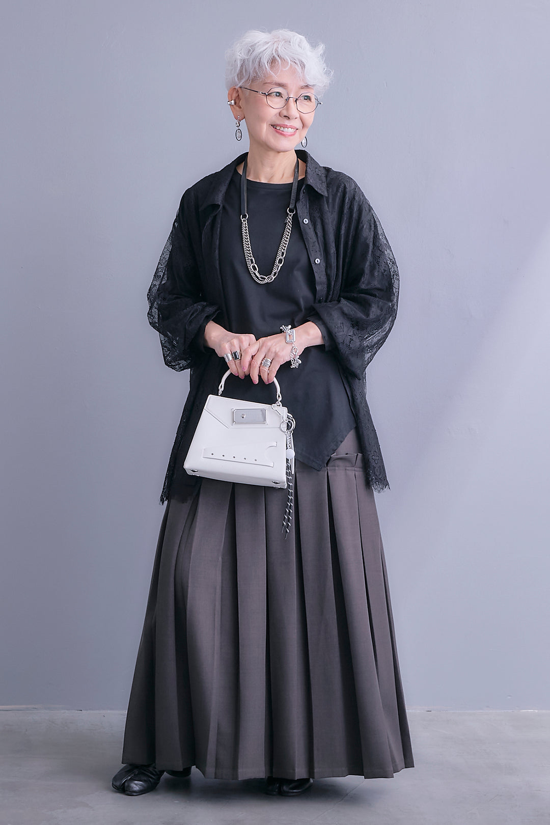 【SET】アイラッシュレースボリュームスリーブシャツ+アシンメトリーロンT+ボックスプリーツロングスカート(3set)