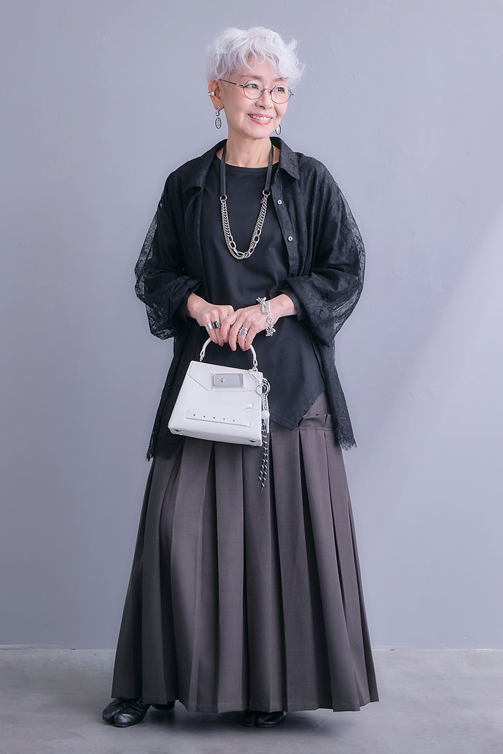 【SET】アイラッシュレースボリュームスリーブシャツ+アシンメトリーロンT+ボックスプリーツロングスカート(3set)