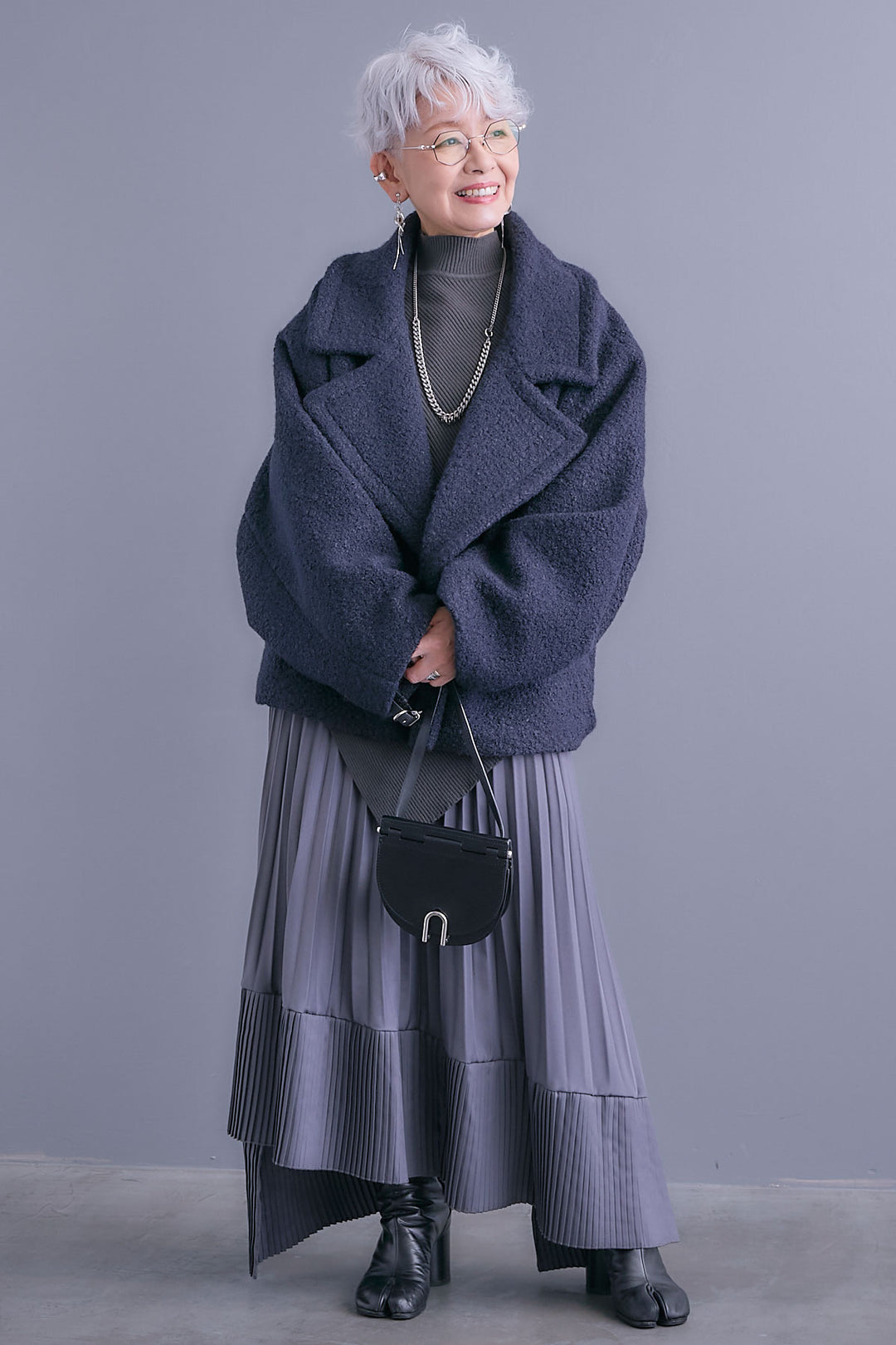 【SET】アシンメトリーオーバーニット+ブークレーオーバーミディコート+アシンメトリープリーツスカート(3set)