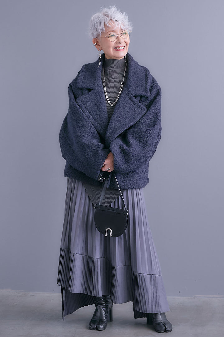 【SET】アシンメトリーオーバーニット+ブークレーオーバーミディコート+アシンメトリープリーツスカート(3set)