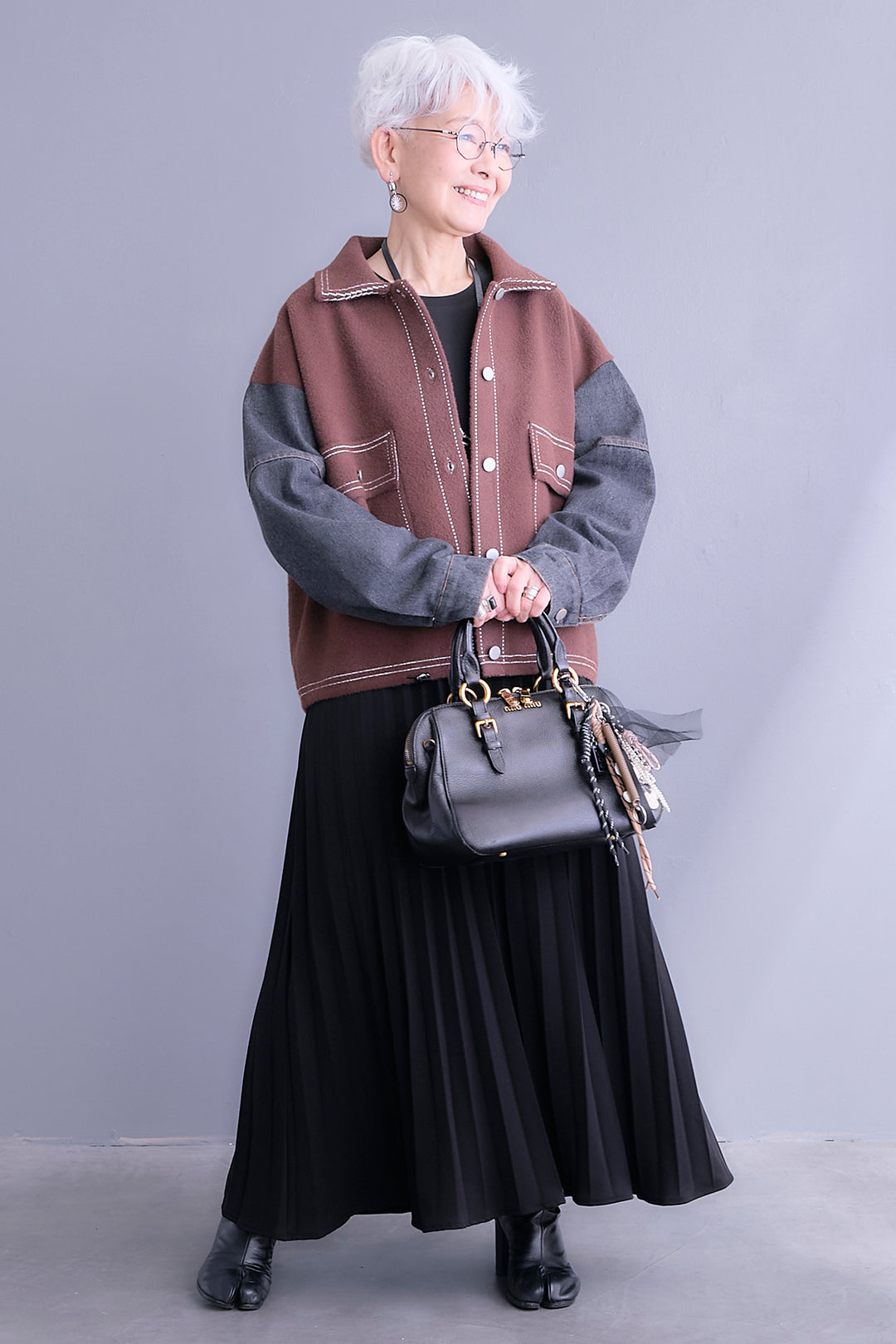【SET】ステッチニット×デニムスリーブジャケット+プリーツストレッチロングワンピース(2set)